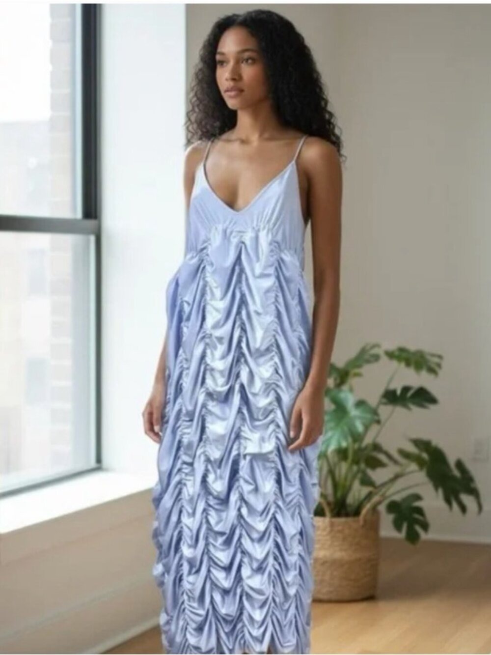 * Ester Manas Periwinkle One Size Spaghetti Straps Ruched Stretch Midi Dress